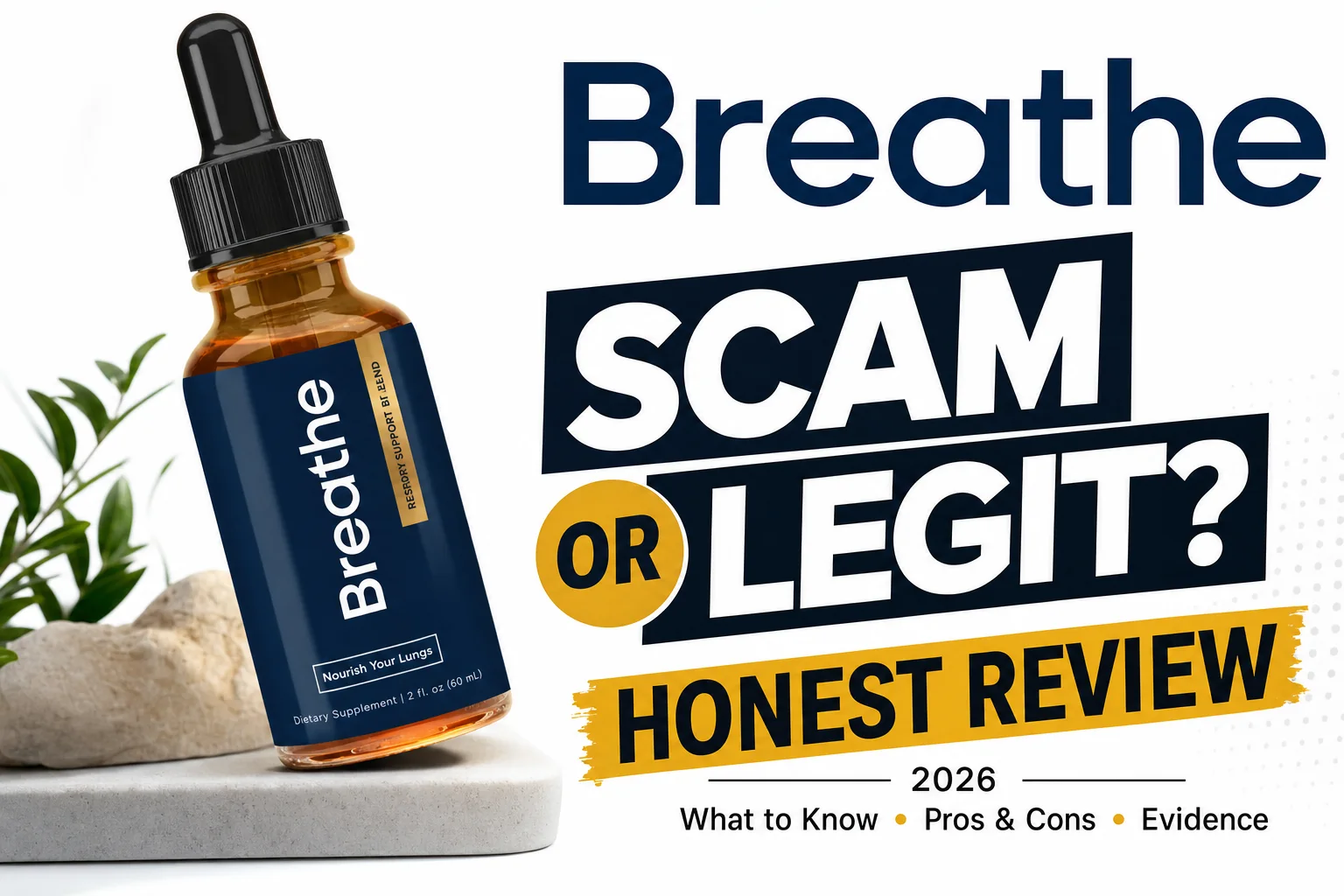 breathe scam or legit review thumbnail with official Breathe supplement bottle, large headline, and concise pros/cons highlights for 2026