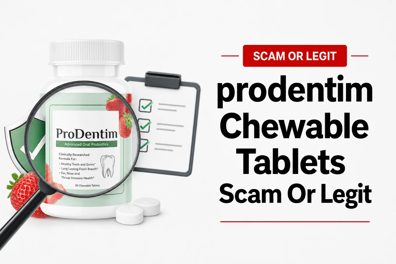 prodentim chewable tablets scam or legit review thumbnail with official product bottle and bold headline